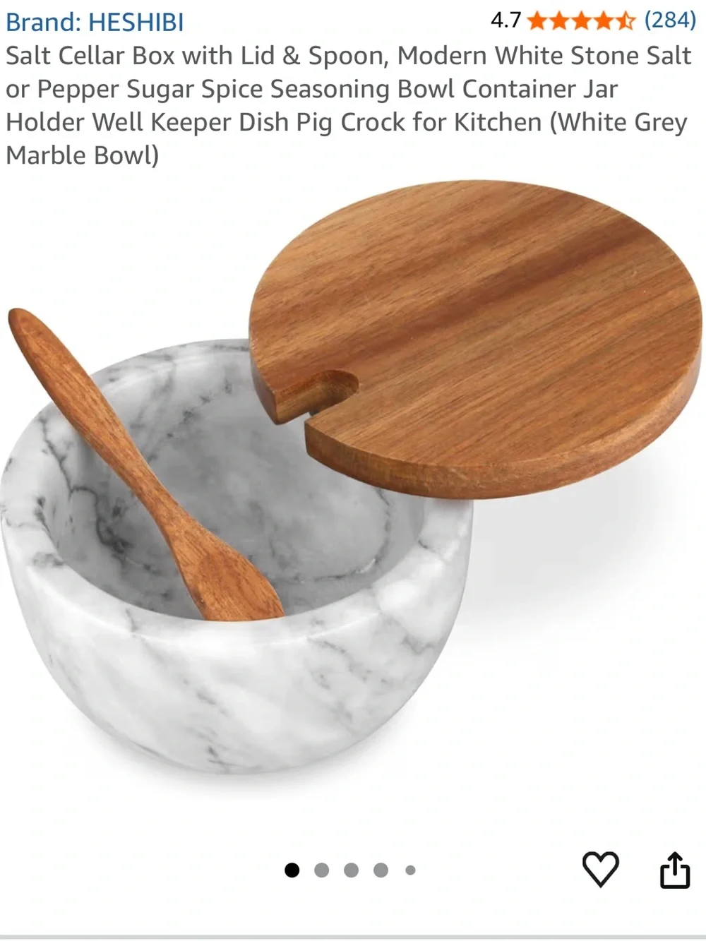 White Marble Salt Cellar with Wooden Lid & Spoon NWOT